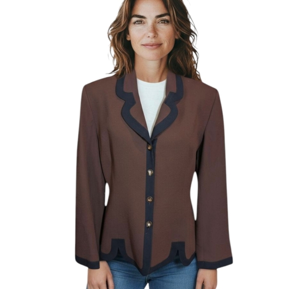 Vtg Cache Quiet Luxury 100% Wool Old Money Brown/ Black Blazer Sz 12 - Picture 11 of 12